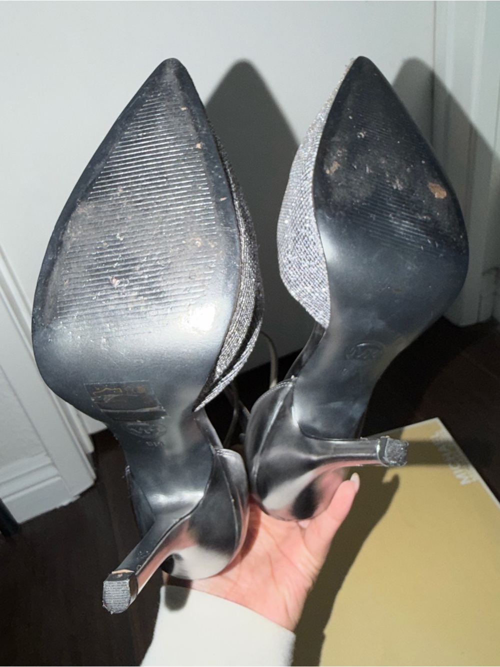 Michael Kors Metallic Silver Glitter Pointed-Toe Ankle-Strap Heels - Picture 12 of 14